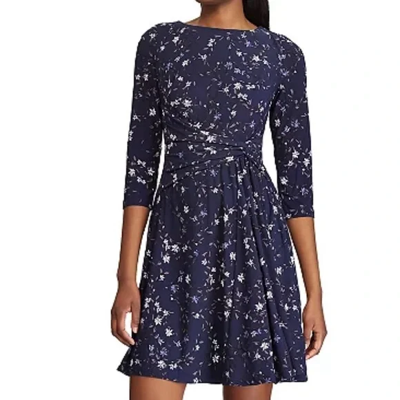 Chaps Blue and White Floral Fit and Flare Over the Knee Dress